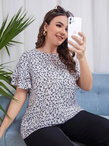 Áo sơ mi Plus Size Xù phân lớp Họa tiết hoa Boho - Đen và trắng - Xem 6