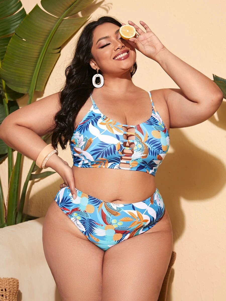 Plus Size Plant Print Ladder Cut-Out Bikini Set Summer Beach - Multicolor - View 1