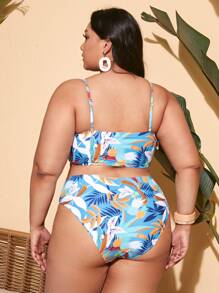 Plus Size Plant Print Ladder Cut-Out Bikini Set Summer Beach - Multicolor - View 2