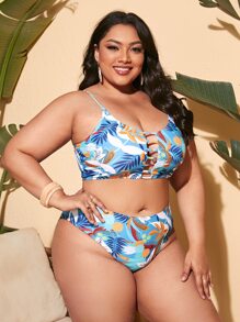 Plus Size Plant Print Ladder Cut-Out Bikini Set Summer Beach - Multicolor - View 4