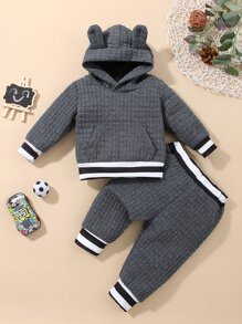 Baby Boy Striped Trim 3D Ears Design Hoodie & Sweatpants - Dark Grey - View 1
