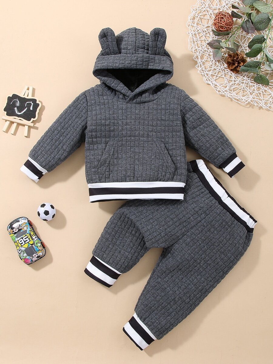 Baby Boy Striped Trim 3D Ears Design Hoodie & Sweatpants - Dark Grey - View 1