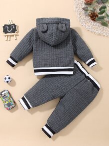 Baby Boy Striped Trim 3D Ears Design Hoodie & Sweatpants - Dark Grey - View 2