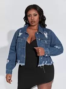 SHEIN SXY Plus Ripped Raw Cut Denim Jacket - Dark Wash - View 1