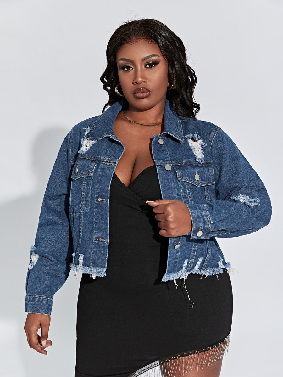 SHEIN SXY Plus Ripped Raw Cut Denim Jacket - Dark Wash - View 1