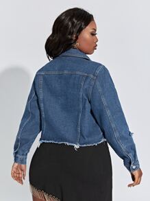 SHEIN SXY Plus Ripped Raw Cut Denim Jacket - Dark Wash - View 2