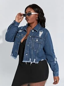 SHEIN SXY Plus Ripped Raw Cut Denim Jacket - Dark Wash - View 3
