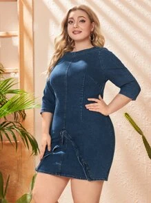 大碼褶邊牛仔緊身連衣裙 - 深色水洗藍 - 查看 1