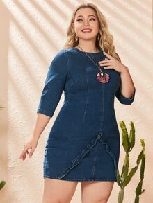 大碼褶邊牛仔緊身連衣裙 - 深色水洗藍 - 查看 5