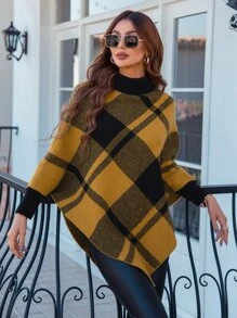 SHEIN LUNE Mock Neck Plaid Knit Poncho - Yellow - View 1