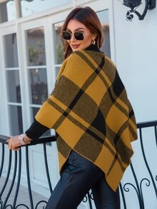 SHEIN LUNE Mock Neck Plaid Knit Poncho - Yellow - View 2