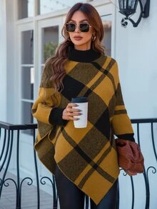 SHEIN LUNE Mock Neck Plaid Knit Poncho - Yellow - View 3
