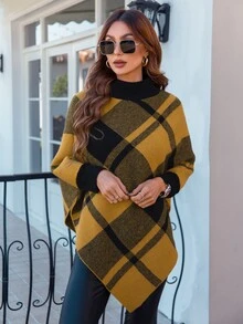 SHEIN LUNE Mock Neck Plaid Knit Poncho - Yellow - View 4