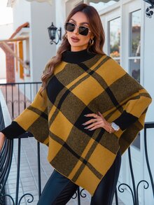 SHEIN LUNE Mock Neck Plaid Knit Poncho - Yellow - View 5