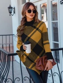 SHEIN LUNE Mock Neck Plaid Knit Poncho - Yellow - View 6