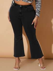 SHEIN SXY Plus High Waisted Flare Leg Jeans - Black - View 2