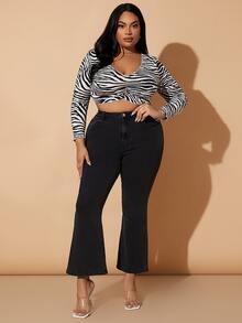 SHEIN SXY Plus High Waisted Flare Leg Jeans - Black - View 3