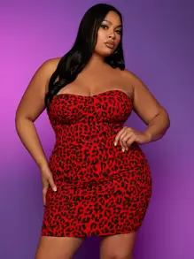 Đầm Denim kích thước lớn Lộ Lưng Dây kéo Báo Gợi cảm - Đỏ - Xem 1