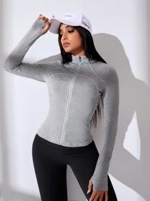 Easithlete 拇指孔接縫細節運動夾克 - 淺灰色 - 查看 1