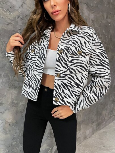 Flap Pocket Zebra Striped Jacket | SHEIN USA