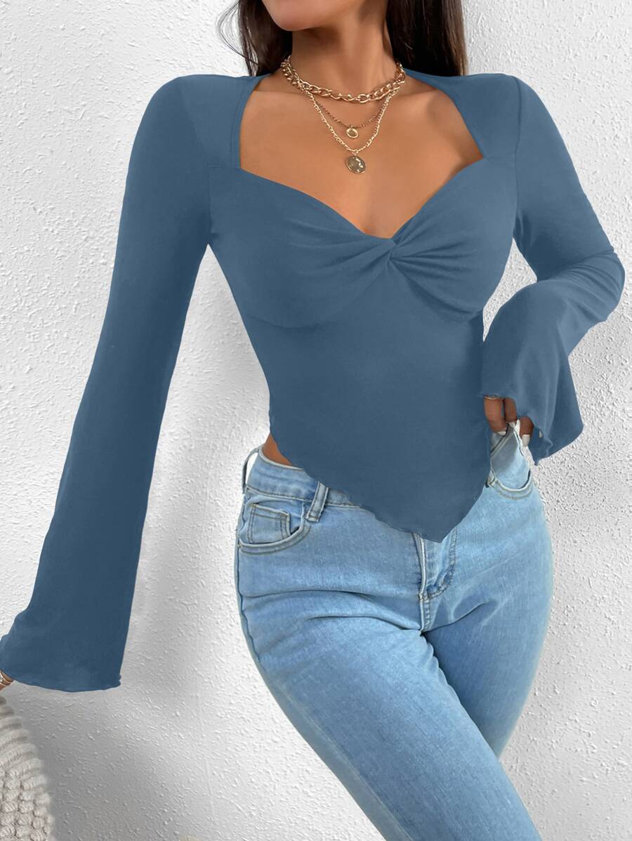 SHEIN Allurite Trumpet Sleeve Lettuce Trim Twist Hanky Hem Crop Tee - Dusty Blue - View 1