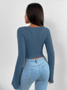 SHEIN Allurite Trumpet Sleeve Lettuce Trim Twist Hanky Hem Crop Tee - Dusty Blue - View 2