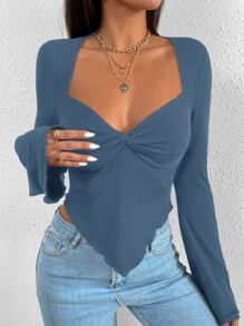 SHEIN Allurite Trumpet Sleeve Lettuce Trim Twist Hanky Hem Crop Tee - Dusty Blue - View 3