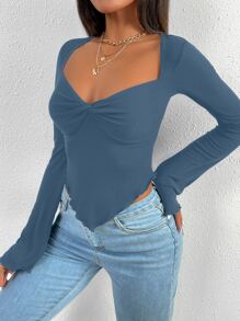 SHEIN Allurite Trumpet Sleeve Lettuce Trim Twist Hanky Hem Crop Tee - Dusty Blue - View 4