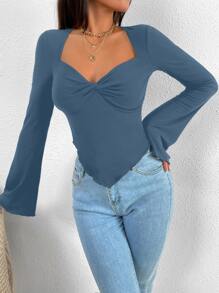SHEIN Allurite Trumpet Sleeve Lettuce Trim Twist Hanky Hem Crop Tee - Dusty Blue - View 6