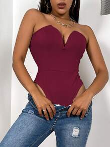 SHEIN SXY Solid V Bra Bodysuit - Burgundy - View 4