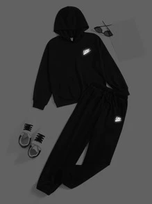 SHEIN Bộ hai mảnh Trai Dây kéo Túi Lá thư Thể thao - màu đen - Xem 1