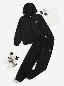 SHEIN Bộ hai mảnh Trai Dây kéo Túi Lá thư Thể thao - màu đen - Xem 3