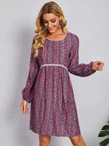 EMERY ROSE Allover Print Lantern Sleeve Contrast Lace Detail Dress - Multicolor - View 1