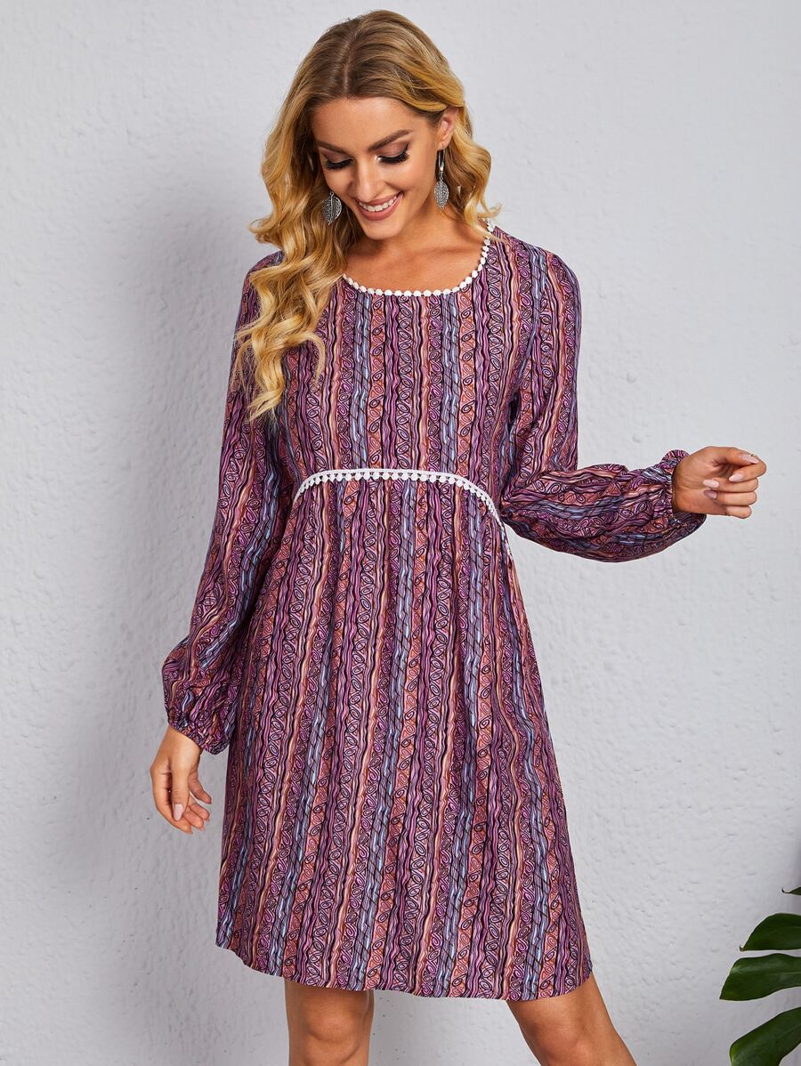 EMERY ROSE Allover Print Lantern Sleeve Contrast Lace Detail Dress - Multicolor - View 1