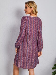 EMERY ROSE Allover Print Lantern Sleeve Contrast Lace Detail Dress - Multicolor - View 2