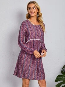 EMERY ROSE Allover Print Lantern Sleeve Contrast Lace Detail Dress - Multicolor - View 3