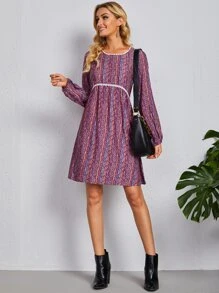 EMERY ROSE Allover Print Lantern Sleeve Contrast Lace Detail Dress - Multicolor - View 4