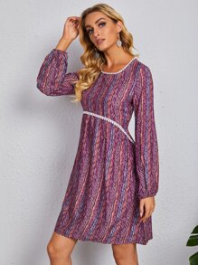 EMERY ROSE Allover Print Lantern Sleeve Contrast Lace Detail Dress - Multicolor - View 5