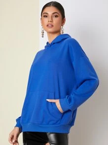 SHEIN Áo nỉ Thả vai Túi kangaroo - Màu xanh lam - Xem 1