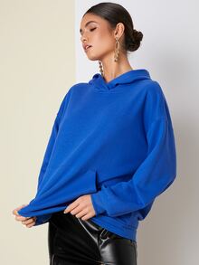 SHEIN Áo nỉ Thả vai Túi kangaroo - Màu xanh lam - Xem 5