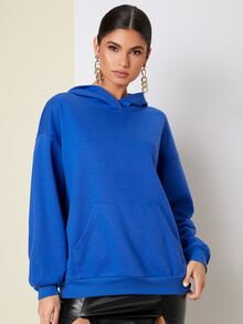 SHEIN Áo nỉ Thả vai Túi kangaroo - Màu xanh lam - Xem 6