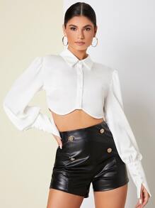 SHEIN Privé Áo sơ mi Viền không đối xứng Tay áo lồng đèn Mùa vụ - trắng - Xem 5