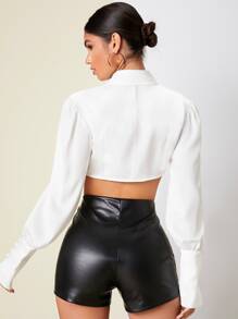 SHEIN Privé Áo sơ mi Viền không đối xứng Tay áo lồng đèn Mùa vụ - trắng - Xem 2