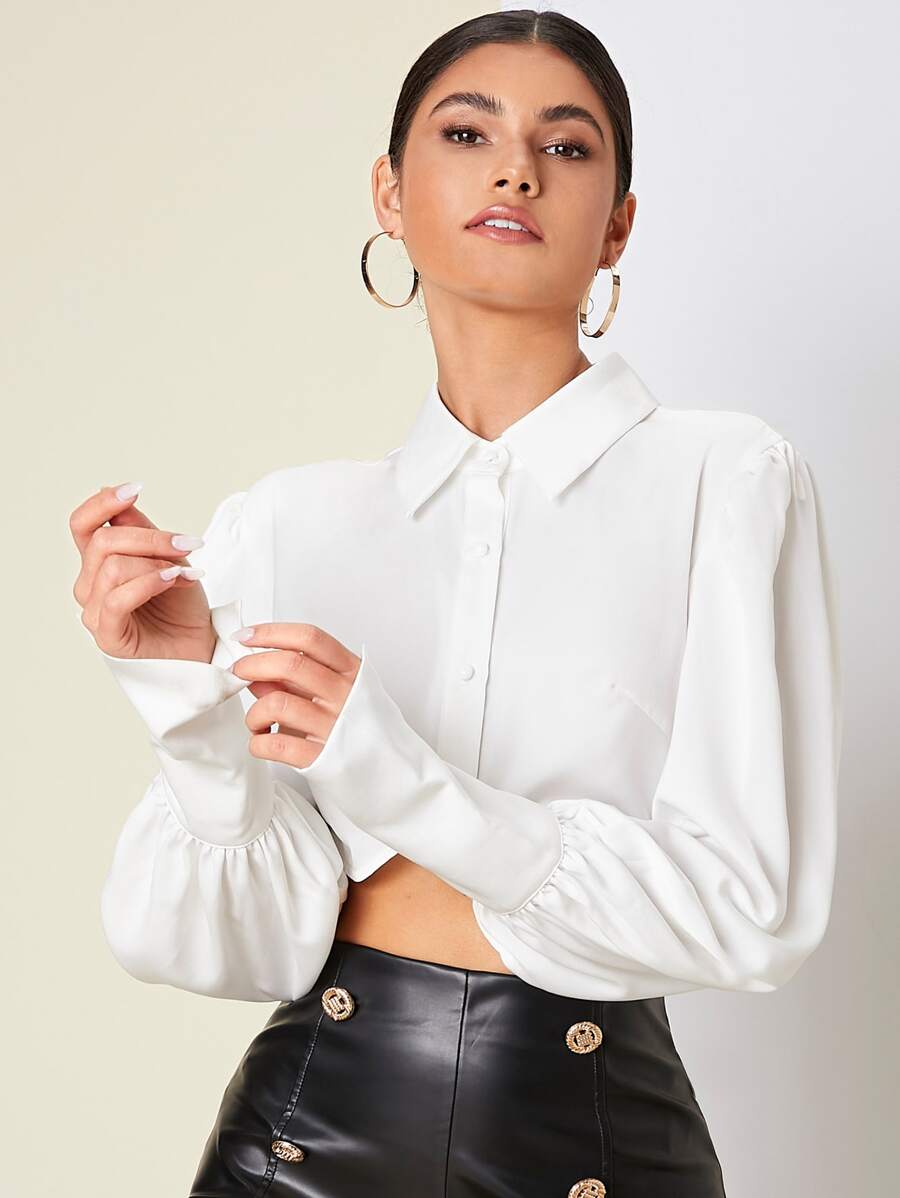 SHEIN Privé Áo sơ mi Viền không đối xứng Tay áo lồng đèn Mùa vụ - trắng - Xem 1