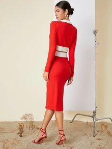 SHEIN de color combinado Top corto & Set falda - Rojo - Ver 3
