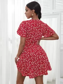 Breezaya Ditsy Floral Wrap Tie Side Dress - Red and White - View 2