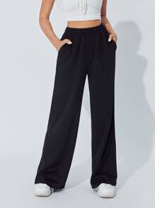 SHEIN PETITE Slant Pocket Wide Leg Trousers - Black - View 1