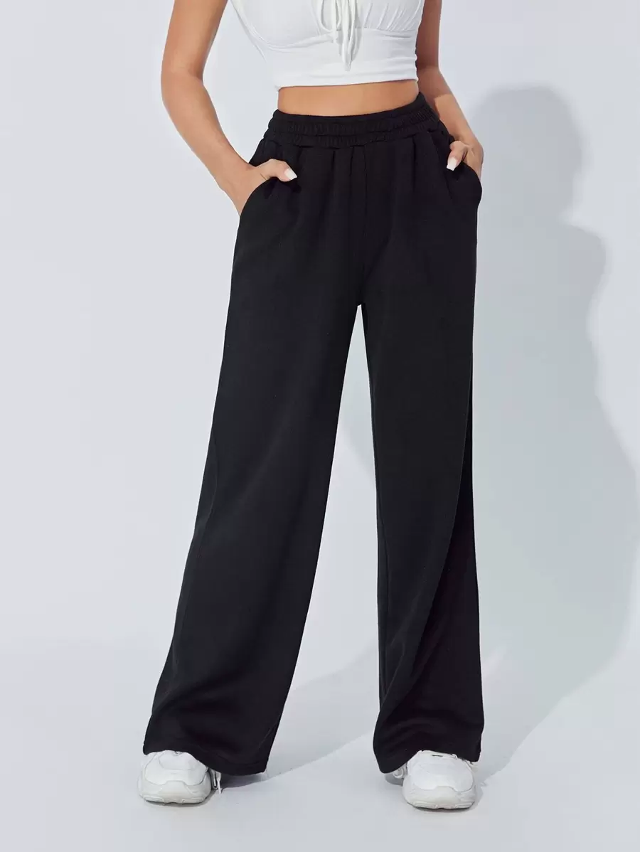 SHEIN PETITE Slant Pocket Wide Leg Trousers - Black - View 1
