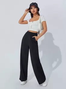 SHEIN PETITE Slant Pocket Wide Leg Trousers - Black - View 3