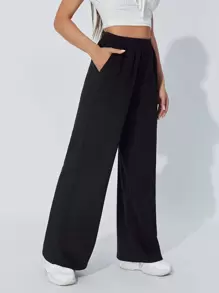 SHEIN PETITE Slant Pocket Wide Leg Trousers - Black - View 5